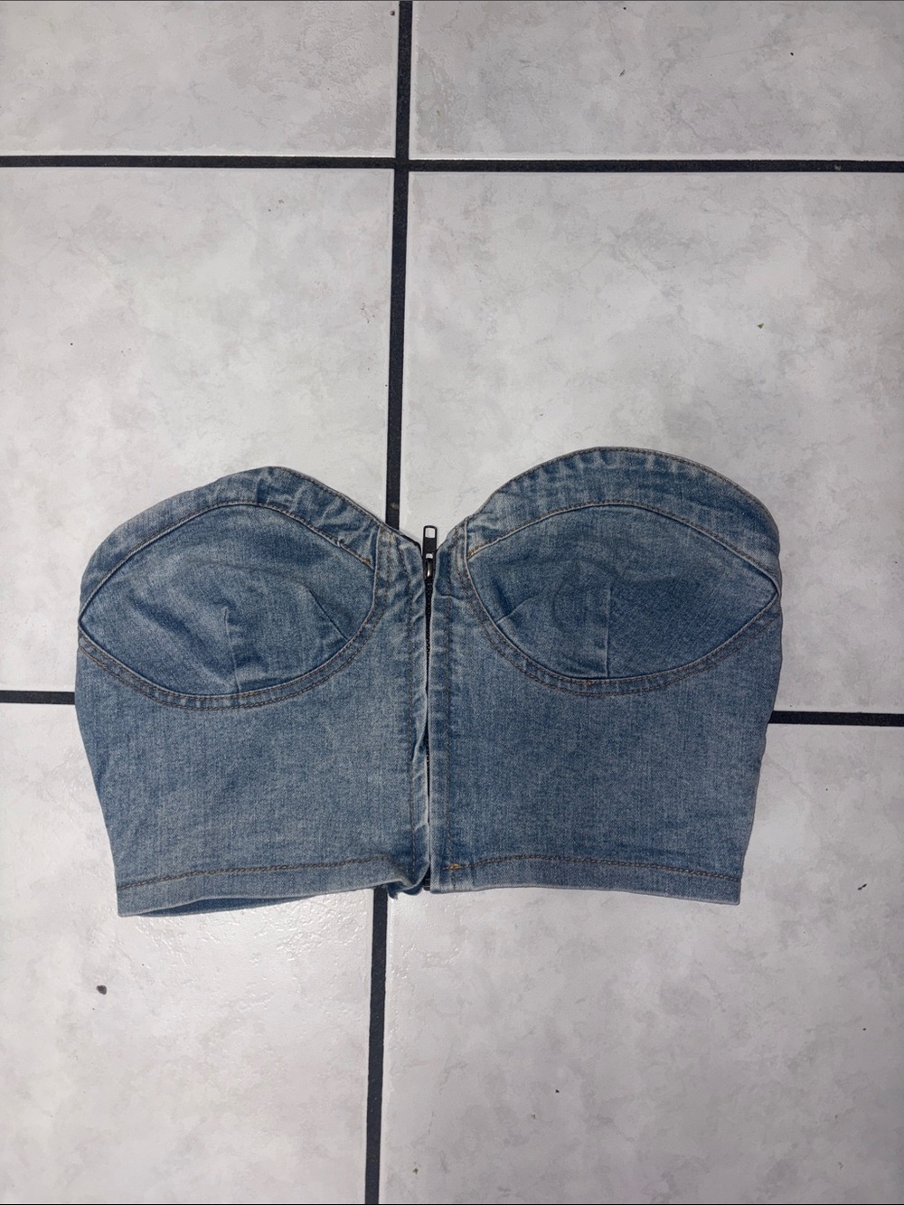 Say What? Light Blue Denim Bustier Crop Top with Front Zip